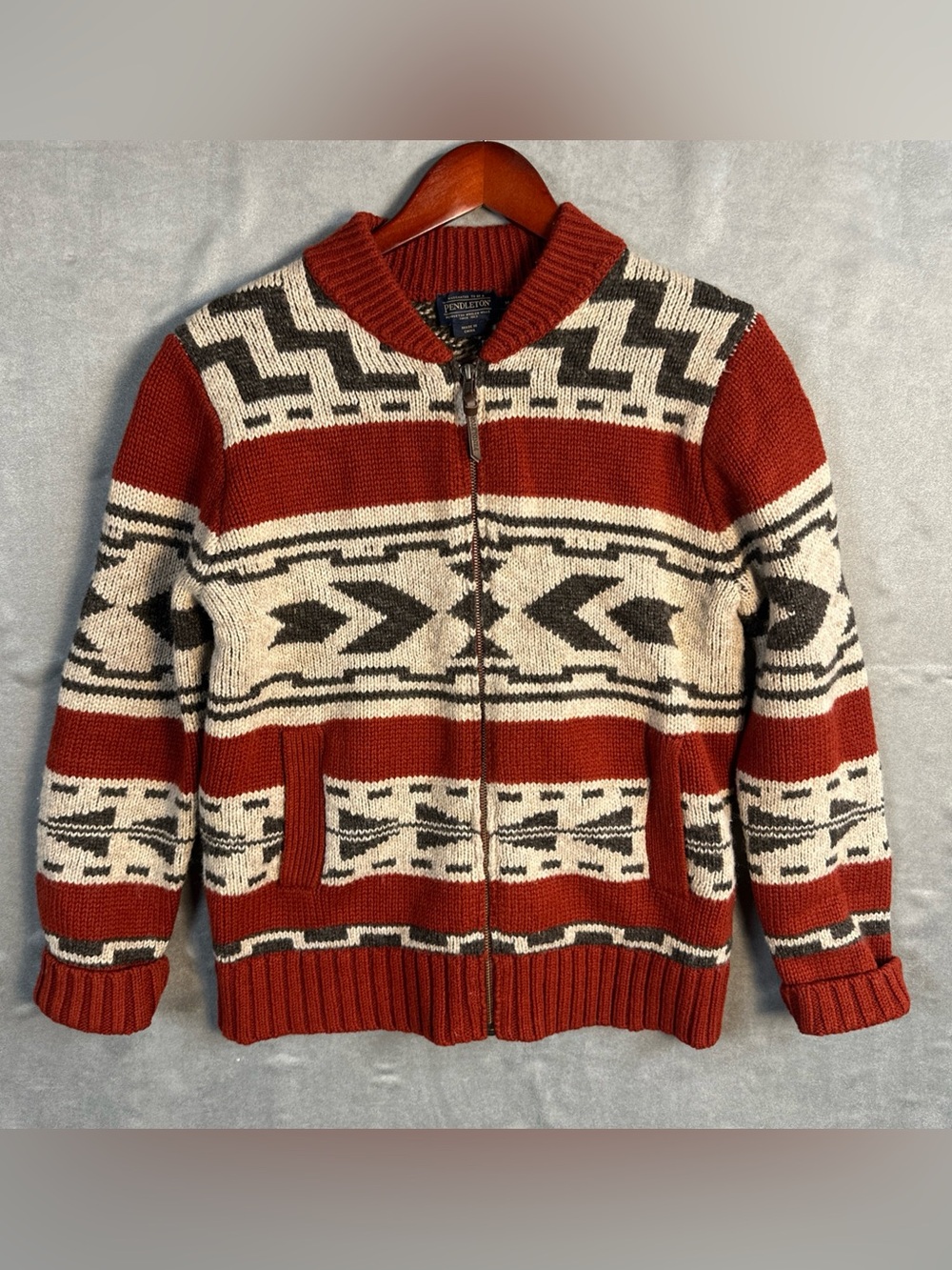 Pendleton Graphic Shetland Wool Sweater Womens M Chili Red Full Zip Geometric